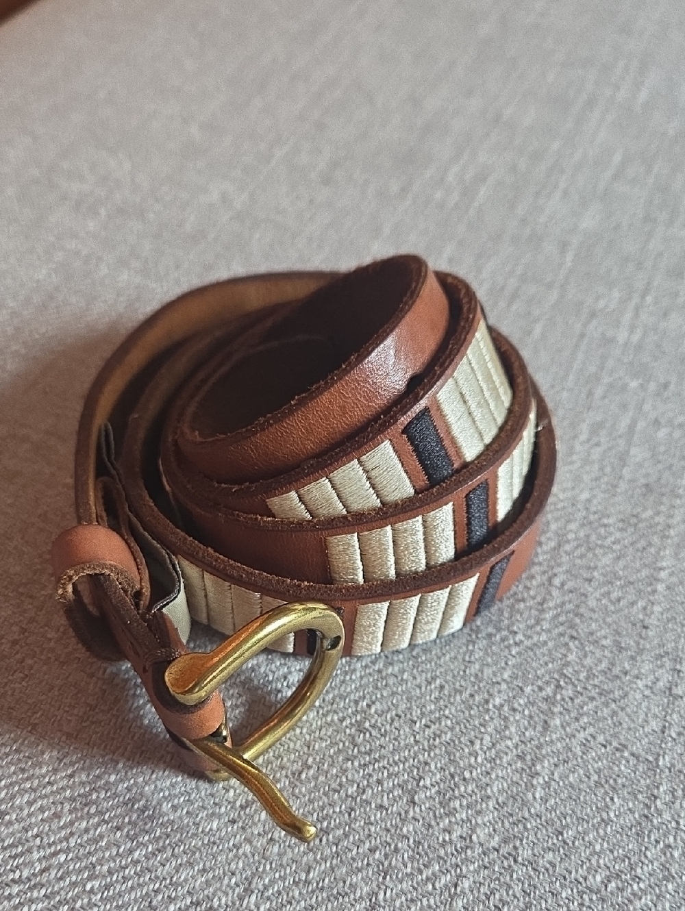 Fossil Skinny Leather Belt with Cream & Black Stripe Inlay